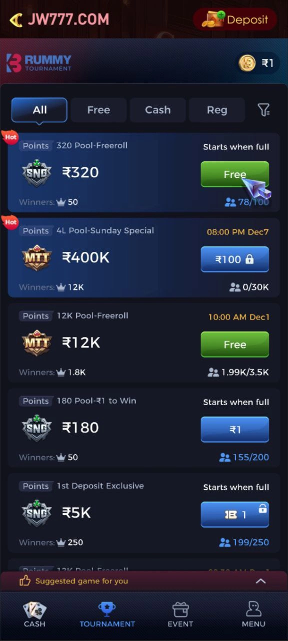 JW777 Game tournament screen showing live competitions and prize details